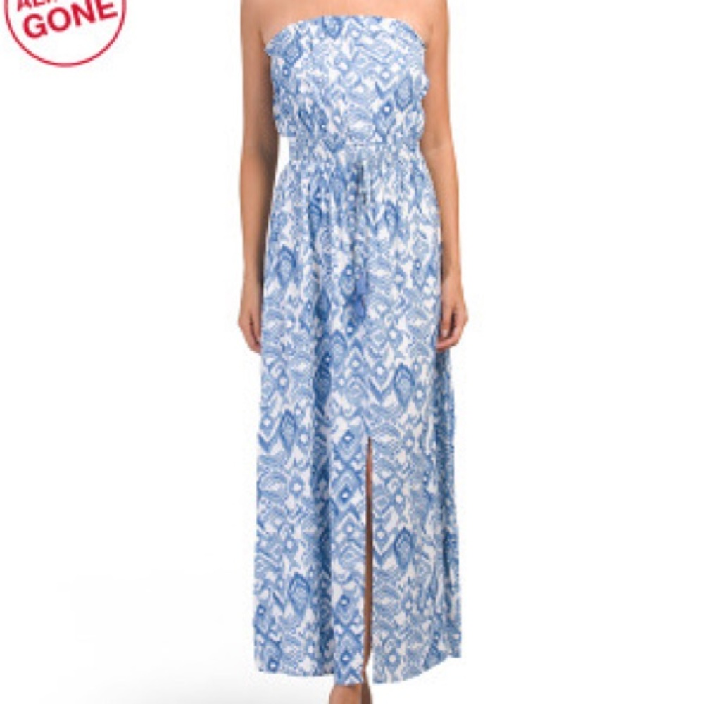 Strapless white blue tie front dress